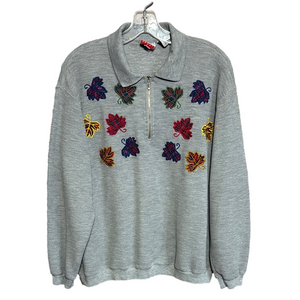 Vintage Baxter & Wells Sport Gray Sweater with Embroidered Leaves Women's 1X